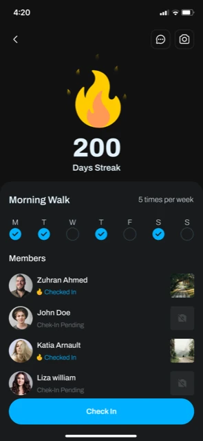 Loop Club dashboard showing daily habit streaks and group members